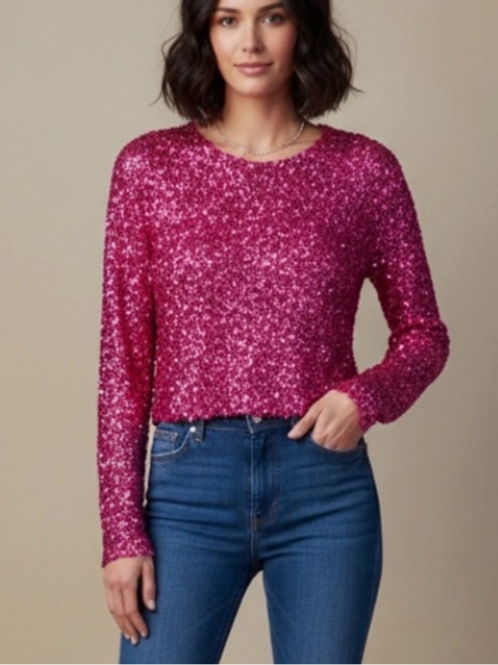 Hot Pink Sequin Crop Top Long Sleeve Party Blouse Women's Medium GeeGee NWT